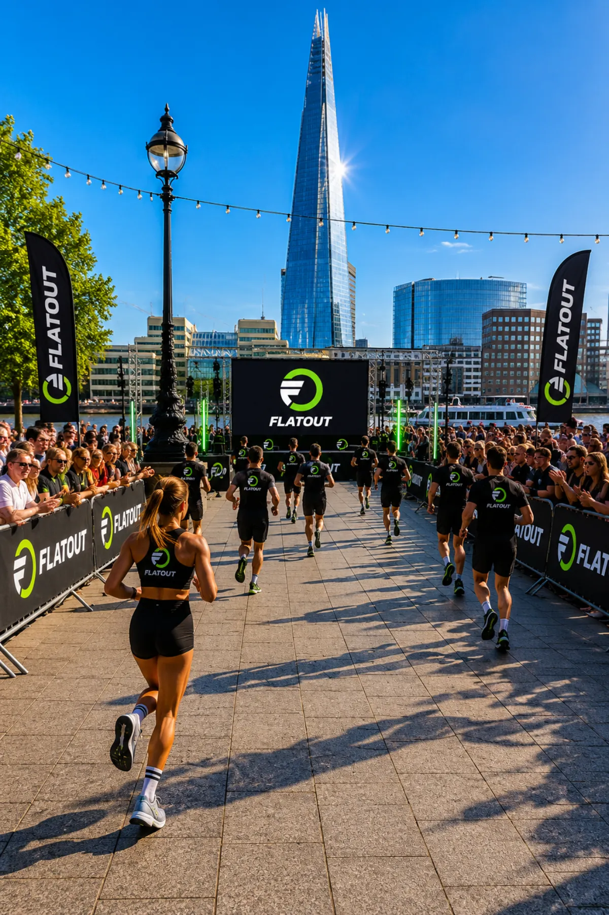 Participants racing between FLATOUT barriers with The Shard behind