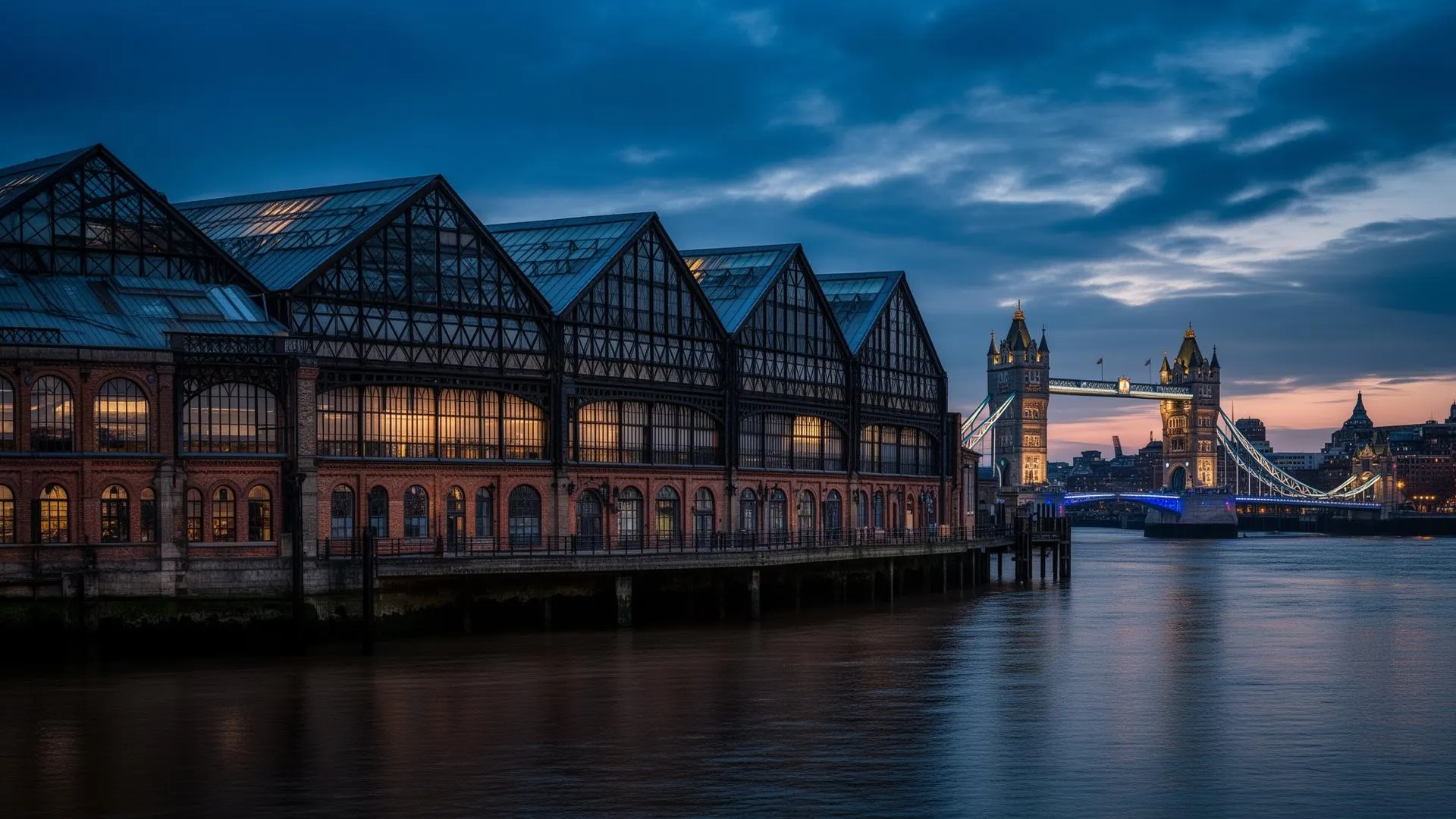Old Billingsgate lit in green at dusk